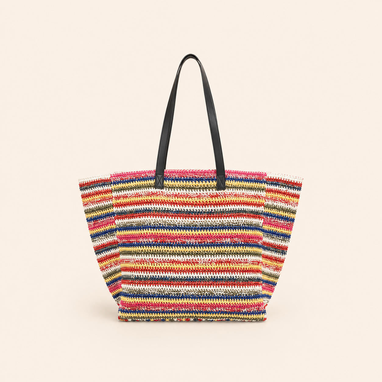 Borsa a tracolla da donna in rafia intrecciata, stile casual, a righe e colori misti.