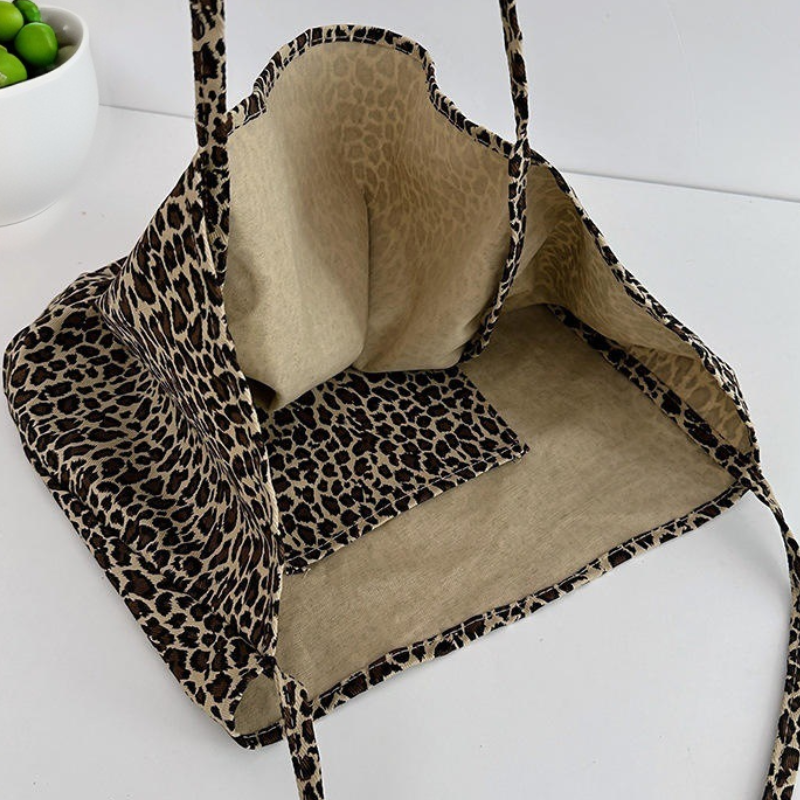 Borse Tote Da Donna In Tela Con Stampa Leopardata, Stile Casual h5 Immagine4