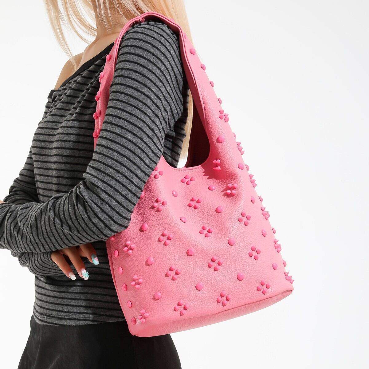 Casual Stijl, Effen Kleur, Met Studs En Klinknagels, Premium Kwaliteit Pu Dames Bucket Handtas Afbeelding6