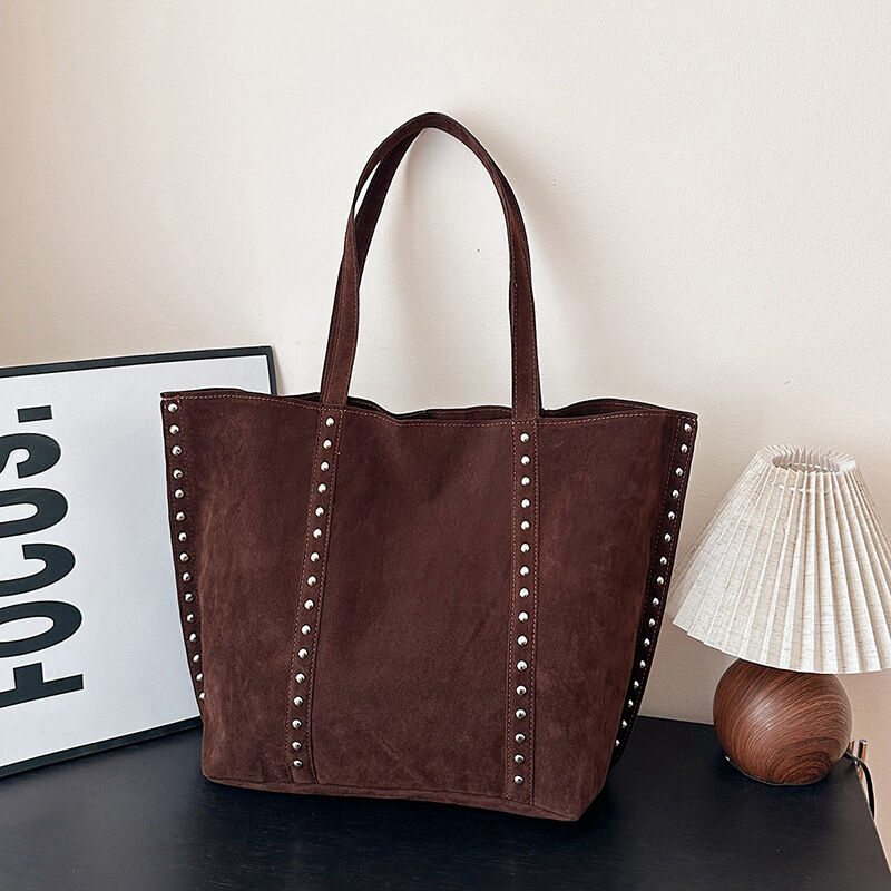 Casual Stijl Dames Draagtassen Met Metalen Details, Studs En Klinknagels, Effen Kleur En Suède. h5 Afbeelding2