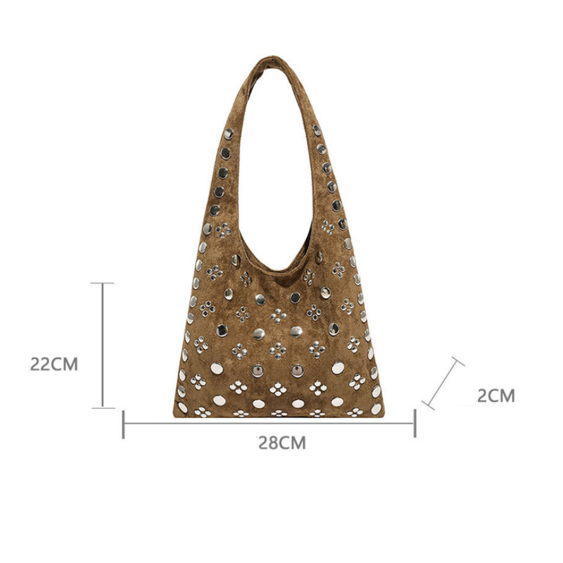 Borsa A Tracolla Quadrata Da Donna In Pelle Scamosciata Tinta Unita, Stile Old Money, Con Borchie In Metallo. Immagine7