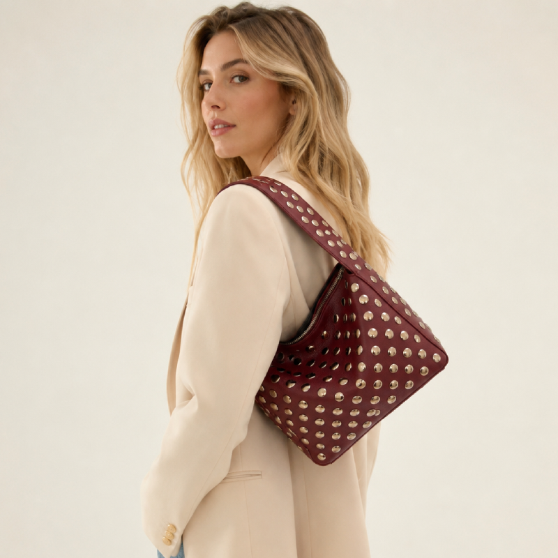 Streetwear Stijl, Metalen Details, Studs, Effen Kleur, Klinknagels, Premium Kwaliteit Pu, Vierkante Schoudertas Voor Dames Afbeelding2