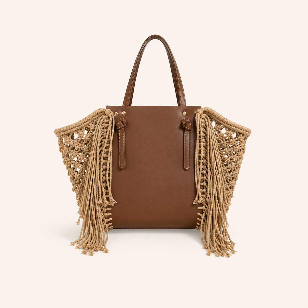 Casual Style Shirred Tassel Patchwork Tassel Hollowed-Out Woven Pu Women's Tote Handbags