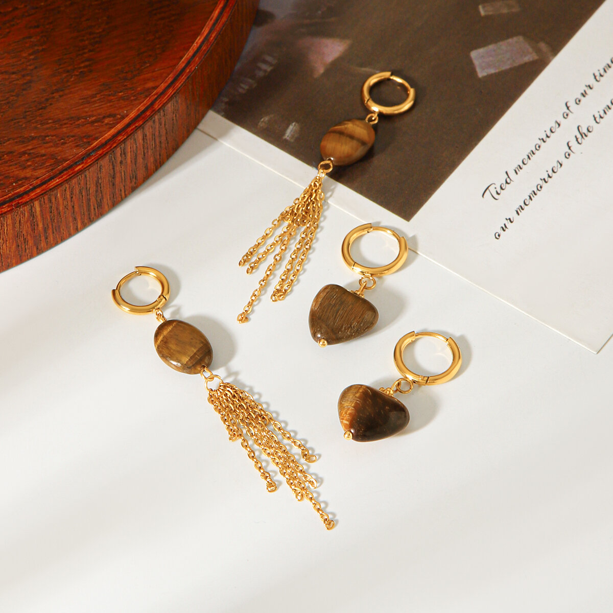 Pendientes Colgantes Para Mujer De La Serie Simple Daily Heart Con Borla, De Acero Inoxidable, Resistentes Al Agua, Color Dorado Y Piedra Natural. h5 Imagen7