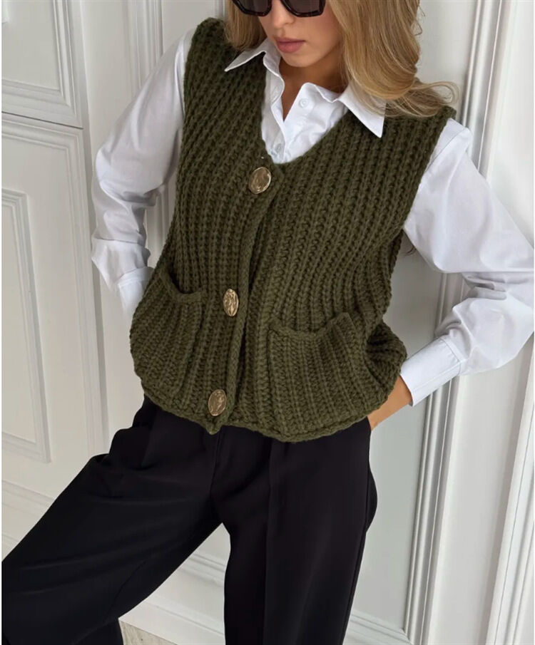 Gilet Corto Senza Maniche, Versatile E Dallo Stile Street Chic, Con Tasche, Lavorato A Maglia. h5 Immagine3