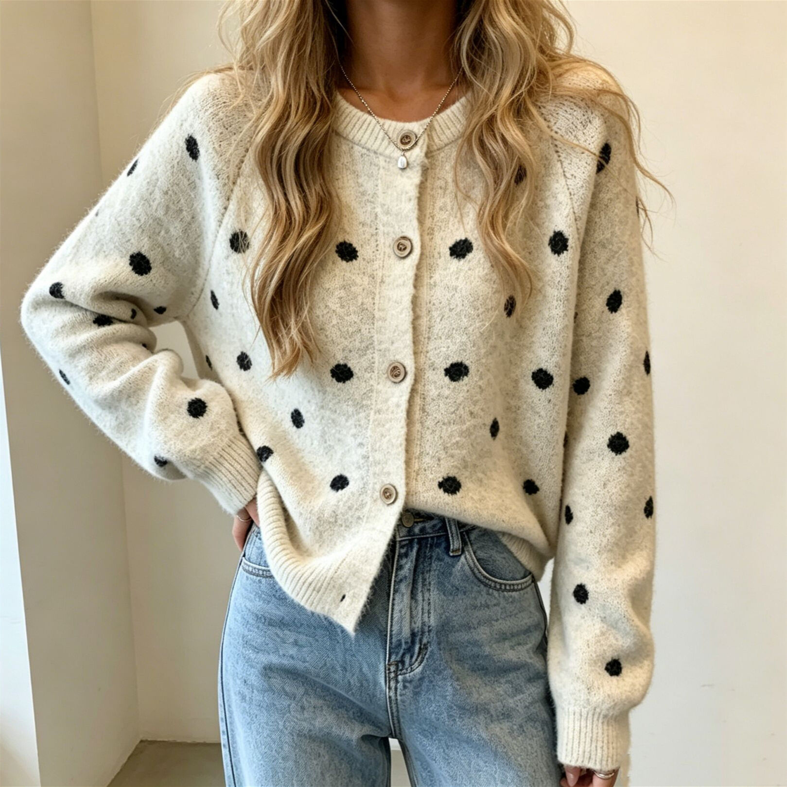 Cardigan In Maglia A Pois, Elegante E Versatile, Perfetto Per Tutti I Giorni. 