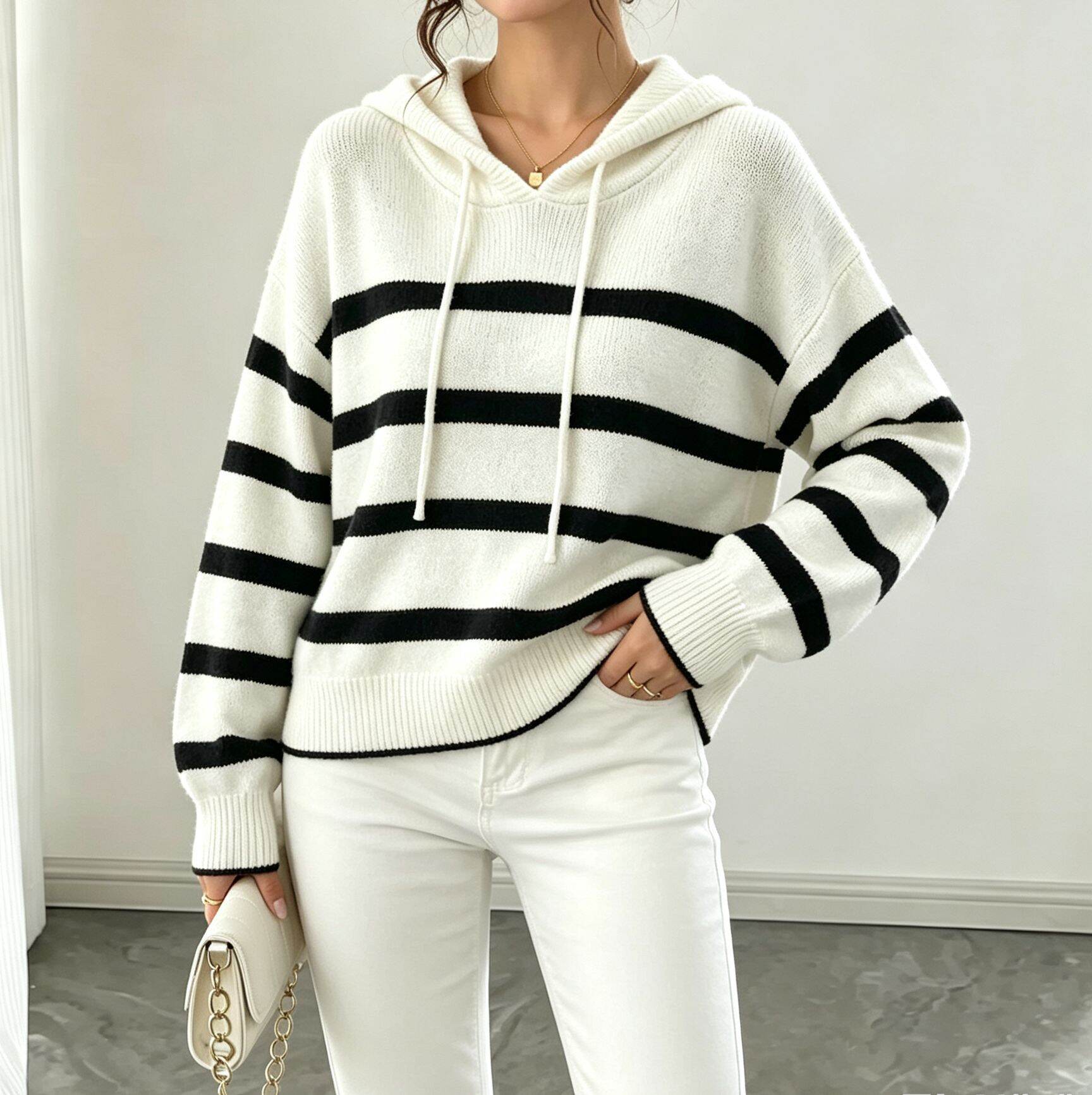 Jersey de punto con capucha a rayas para mujer, versátil, minimalista e informal.