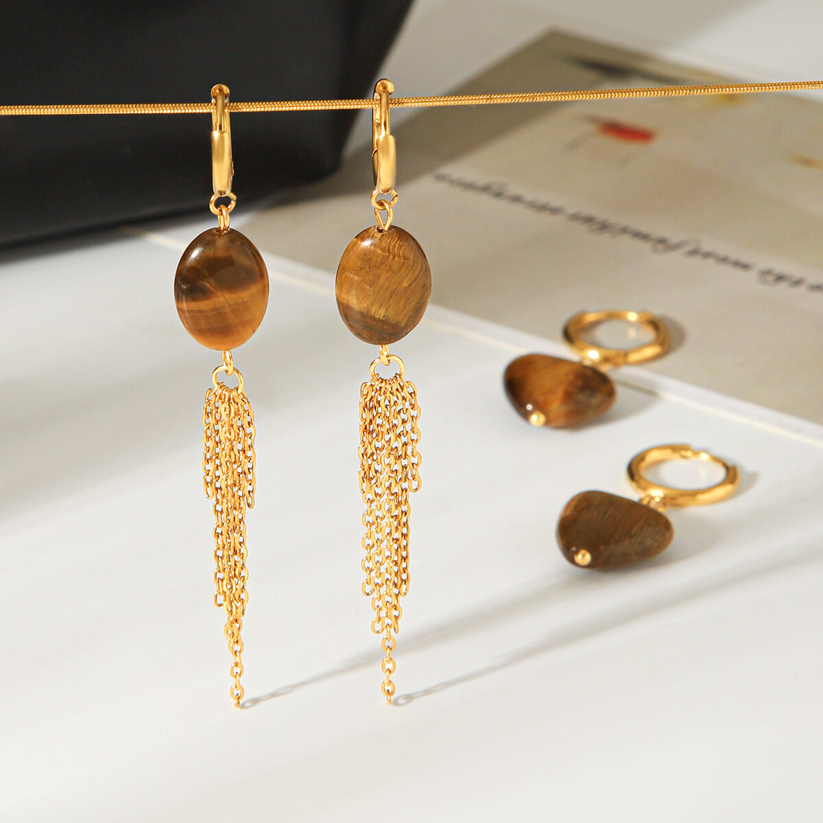 Pendientes Colgantes Para Mujer De La Serie Simple Daily Heart Con Borla, De Acero Inoxidable, Resistentes Al Agua, Color Dorado Y Piedra Natural. h5 Imagen3
