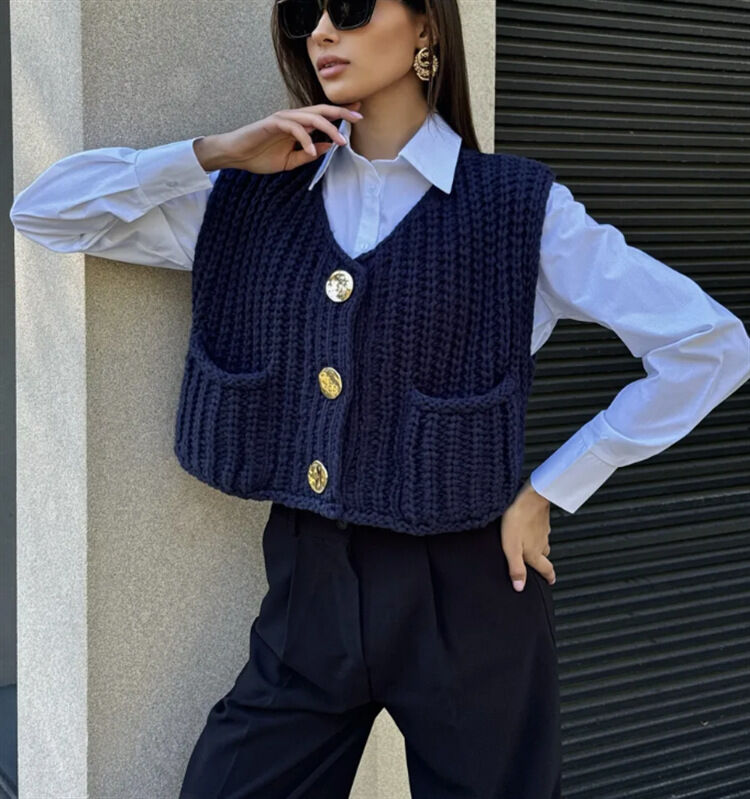 Gilet Corto Senza Maniche, Versatile E Dallo Stile Street Chic, Con Tasche, Lavorato A Maglia. Immagine5