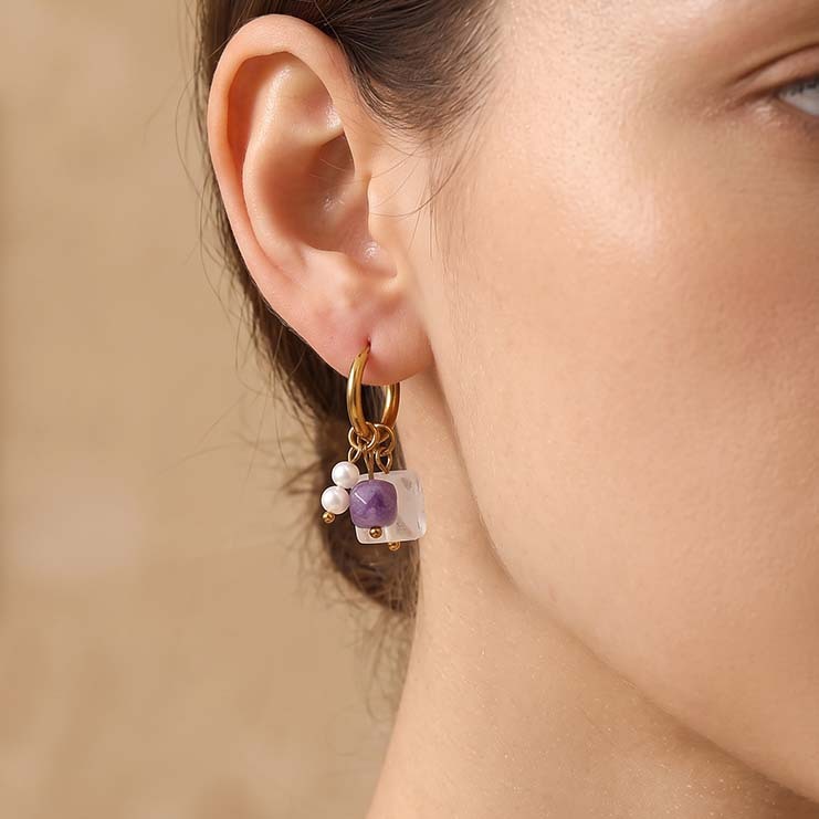 Romantic Series Sweet Beads Rectangle Stainless Steel Waterproof   Gold Color  Natural Stone Women's Drop Earrings Picture3