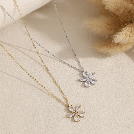 Flower Stainless Steel Waterproof Gold Color Zircon Women's Pendant Necklaces