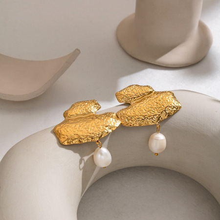 Geometric Shape Stainless Steel Waterproof Gold Color Freshwater Pearl Women's Drop Earrings 2