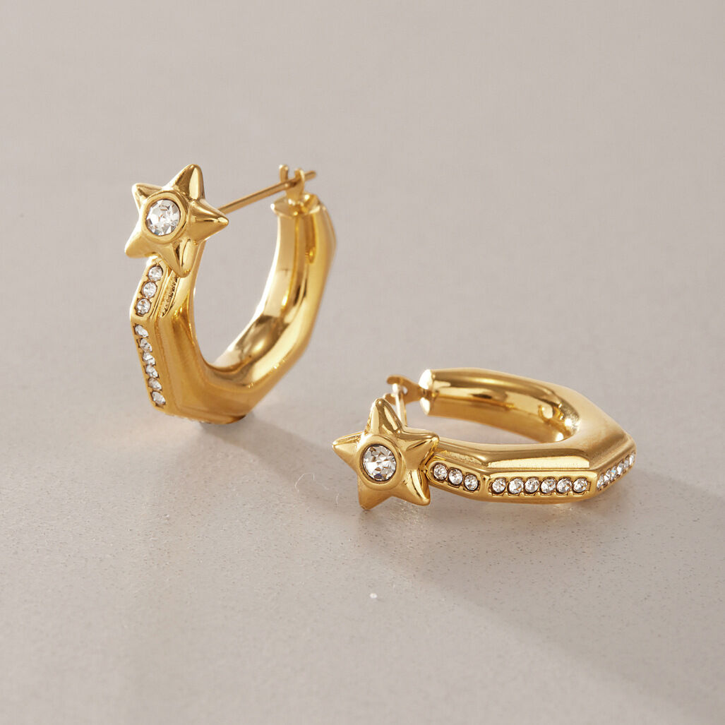 Eenvoudige, Geometrische Stervormige, Waterdichte, Roestvrijstalen Oorringen Met Goudkleurige Strass-Steentjes Voor Dames. Afbeelding2