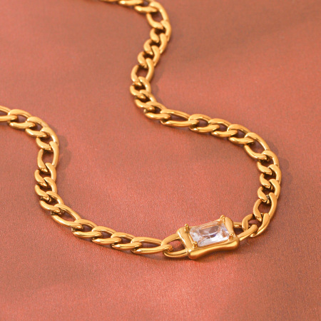 Simple Series Daily Chain Rectangle Stainless Steel Waterproof   Gold Color  Zircon Women's Chain Necklaces 2