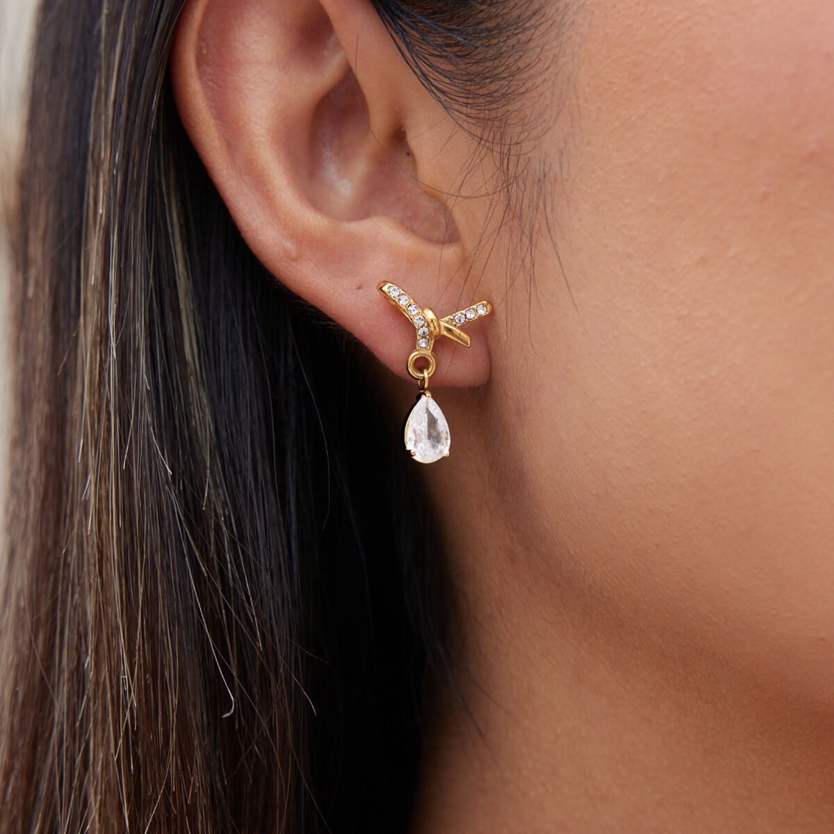 Bow Knot Stainless Steel Waterproof Gold Color Rhinestone Zircon Women's Drop Earrings h5 Picture5
