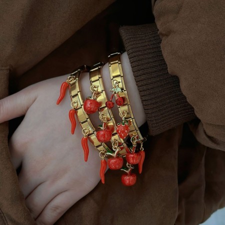 Luxurious Series Retro Fruit Patchwork Cherry Chili Stainless Steel Waterproof   Gold Color  Women's Bangles