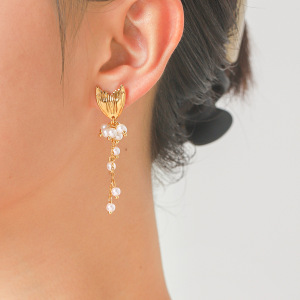 Simple Series Daily Tassel Fish Stainless Steel Waterproof Gold Color Artificial Pearl Women's Stud Earrings h5 Picture4
