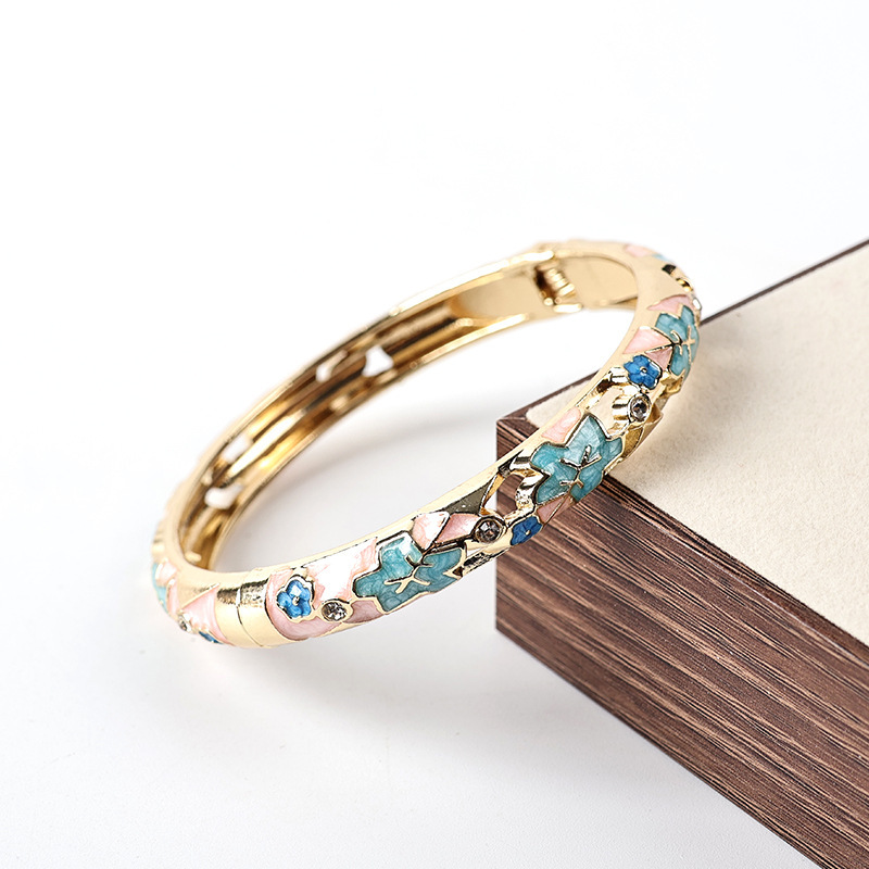 Classic Series Retro Flower Mixed Color Dripping Enamel Alloy Gold Color Women's Bangles