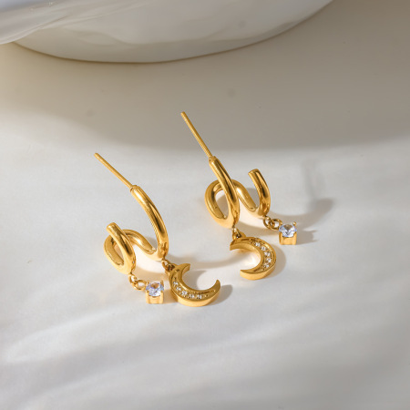Romantic Series Daily Lines Moon Stainless Steel Waterproof Gold Color Zircon Women's Stud Earrings 2