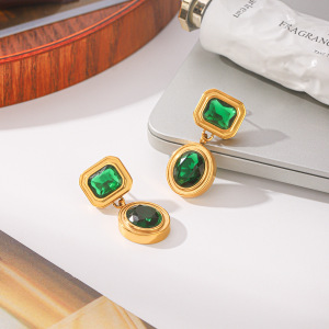 Rectangle Stainless Steel Waterproof Gold Color Zircon Women's Drop Earrings h5 Picture3