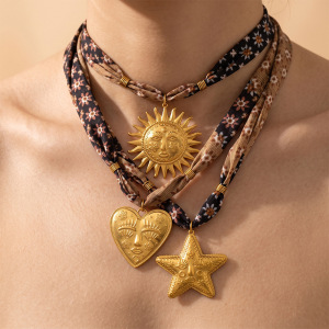 Classic Series Bohemian Heart Sun Star Stainless Steel Waterproof   Gold Color  Women's Braided Necklaces h5 Picture4