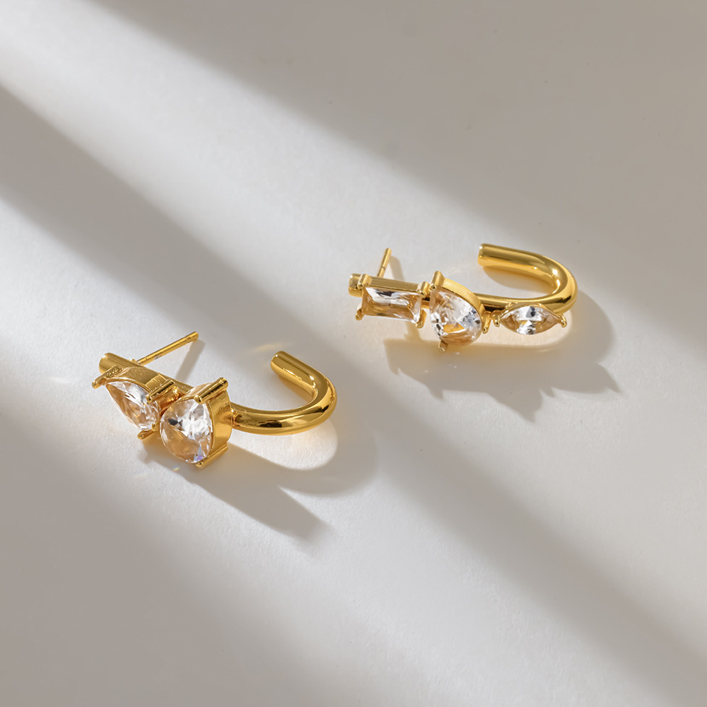 Simple Series Daily Droplet Stainless Steel Waterproof   Gold Color  Zircon Women's Stud Earrings Picture3