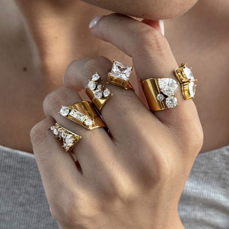 Luxurious Series Daily Irregular Shape Stainless Steel Waterproof Gold Color Zircon Women's Gemstone Rings