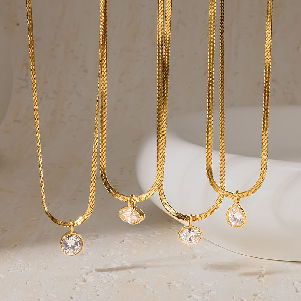 Droplet Ellipse Shape Stainless Steel Waterproof Gold Color Zircon Women's Pendant Necklaces h5Picture2