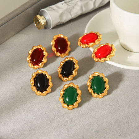 Romantic Series Daily Ellipse Shape Stainless Steel Waterproof   Gold Color  Natural Stone Women's Stud Earrings 2