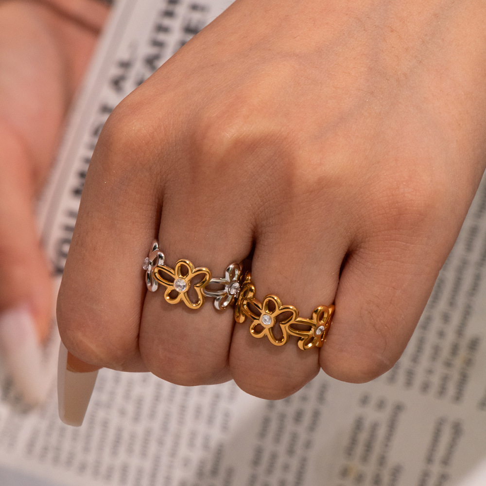 Flower Stainless Steel Waterproof Gold Color Minimalist Rings h5Picture2