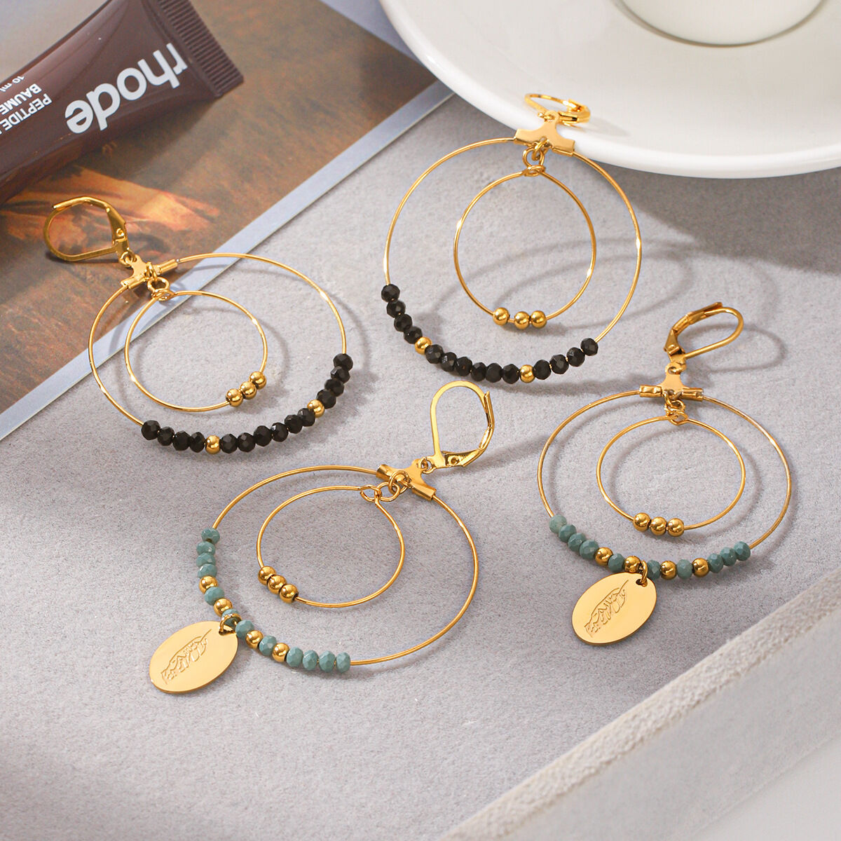 Pendientes Colgantes Para Mujer De La Serie Simple Daily Tassel Beads Circle De Acero Inoxidable, Resistentes Al Agua Y Color Dorado. Imagen5