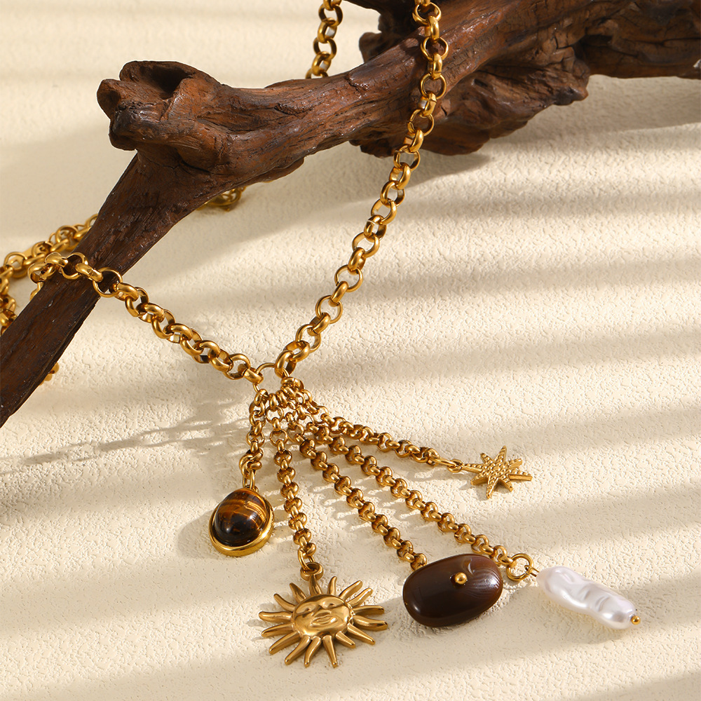 Luxurious Series Retro Sun Tassel Stainless Steel Waterproof Gold Color Women's Pendant Necklaces Picture3