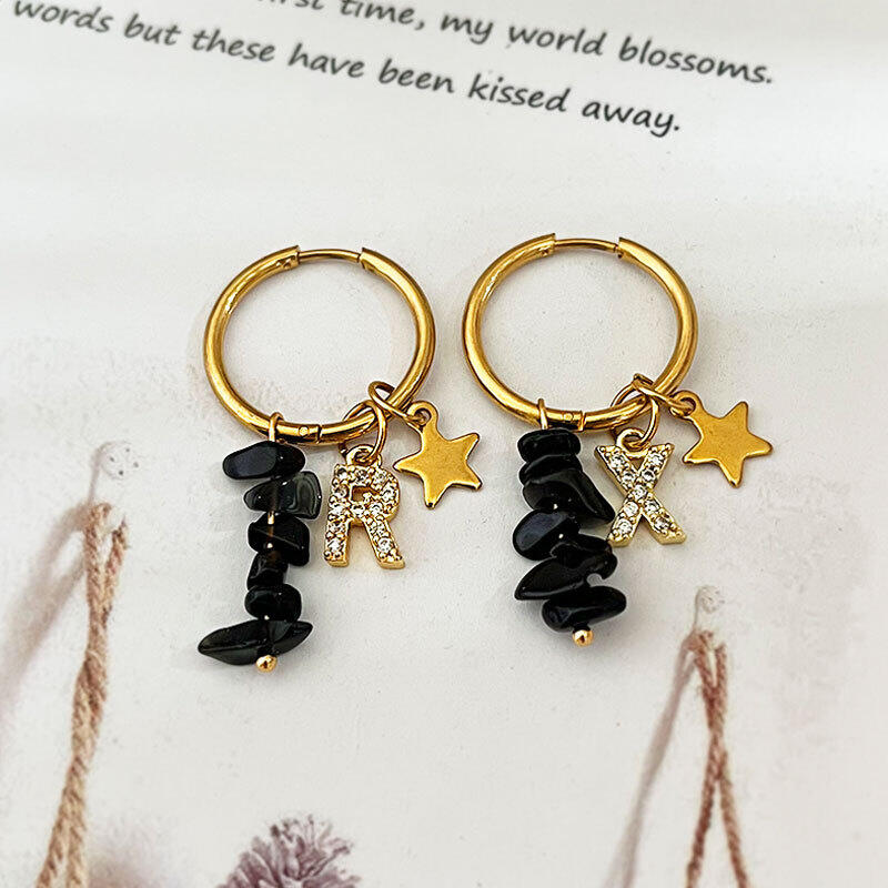 Boucles D'Oreilles Créoles Élégantes Pour Femme, Collection Romantique, Avec Perles En Forme D'Étoile Et Lettres, En Acier Inoxydable Étanche, Couleur Or Et Pierre Naturelle. h5 Image2