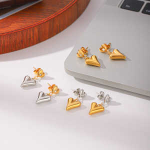 Simple Series Daily Heart Stainless Steel Waterproof   Gold Color  Zircon Women's Stud Earrings h5 Picture6