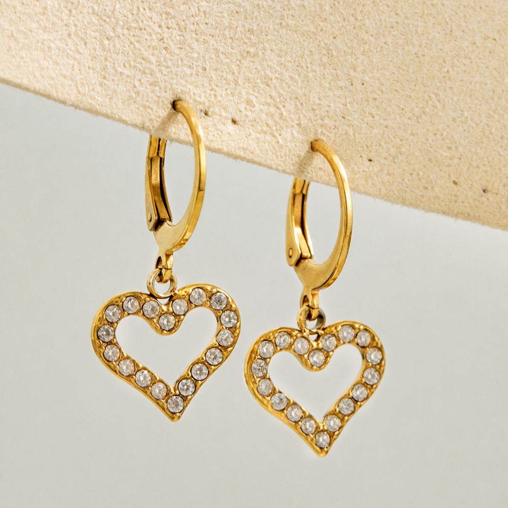 Simple Heart Stainless Steel Waterproof Gold Color Zircon Women's Drop Earrings Picture3