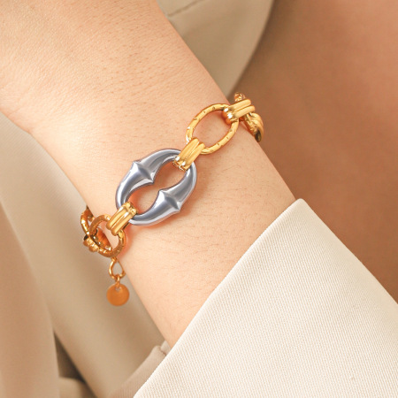 Simple Series Daily Mixed Gold Color And Silver Colors Ellipse Shape Stainless Steel Waterproof   Gold Color  Women's Chain Bracelets