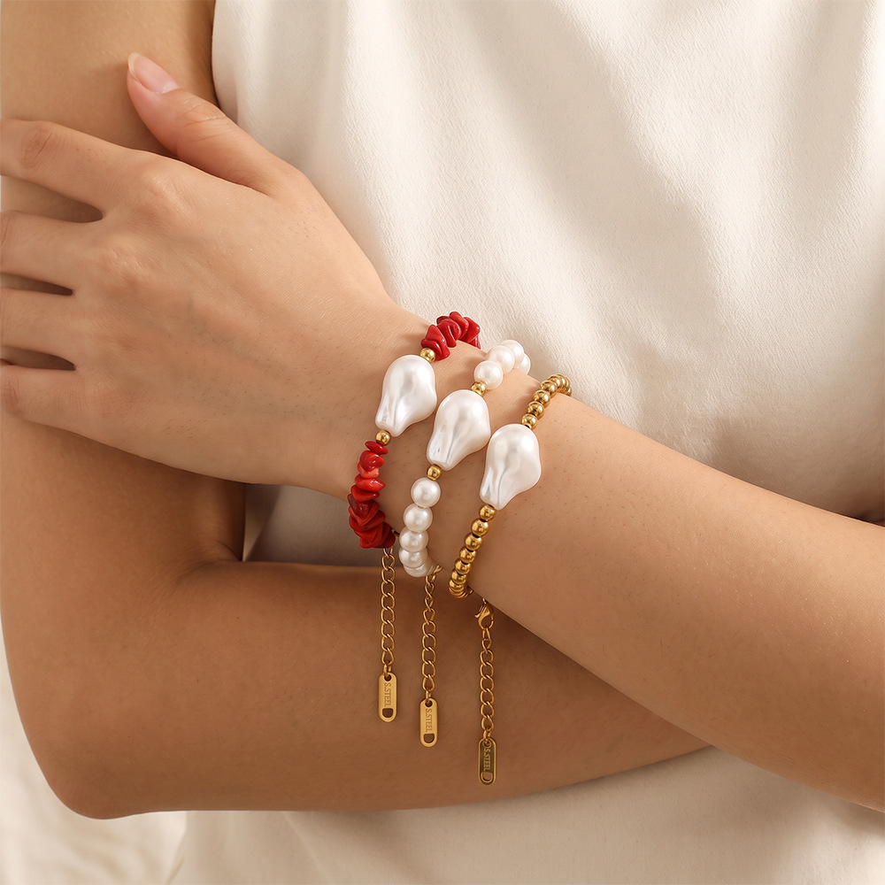 Simple Series Daily Irregular Shape Beads Stainless Steel Waterproof   Gold Color  Women's Beaded Bracelets Picture4
