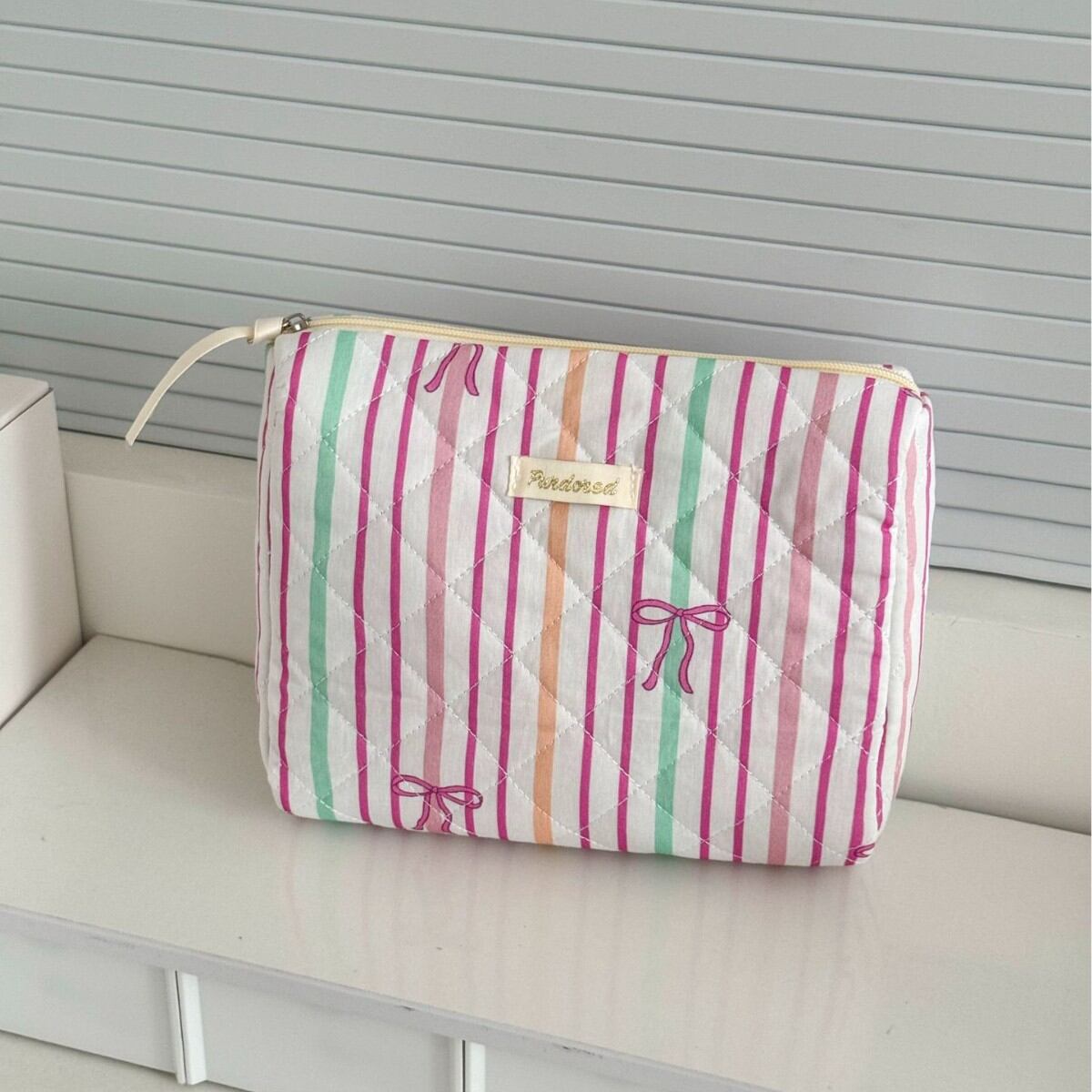 Neceser De Algodón Para Mujer Con Estampado De Rayas Y Lazo De Colores Variados. h5 Imagen4
