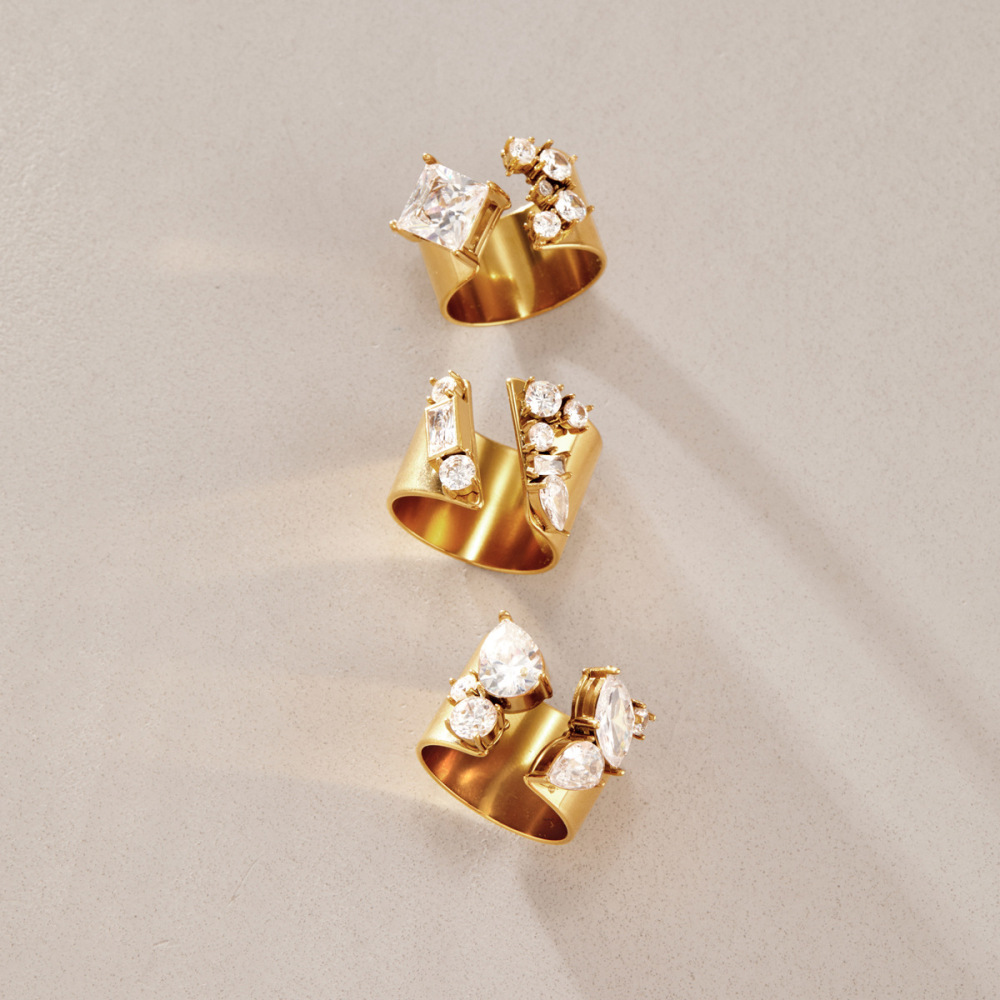 Luxurious Series Daily Irregular Shape Stainless Steel Waterproof   Gold Color  Zircon Women's Gemstone Rings Picture3
