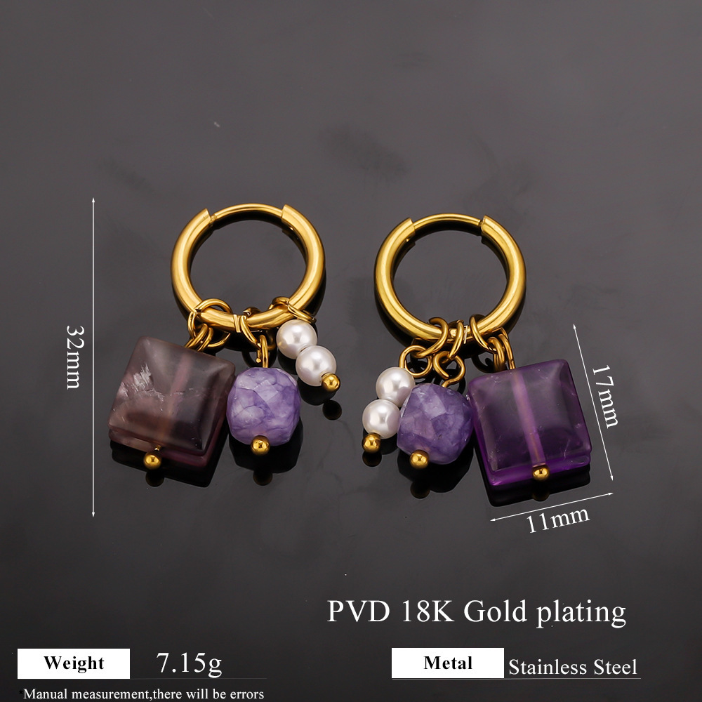 Romantic Series Sweet Beads Rectangle Stainless Steel Waterproof   Gold Color  Natural Stone Women's Drop Earrings 