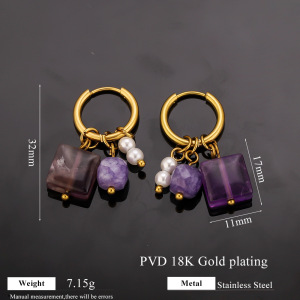 Romantic Series Sweet Beads Rectangle Stainless Steel Waterproof   Gold Color  Natural Stone Women's Drop Earrings h5 