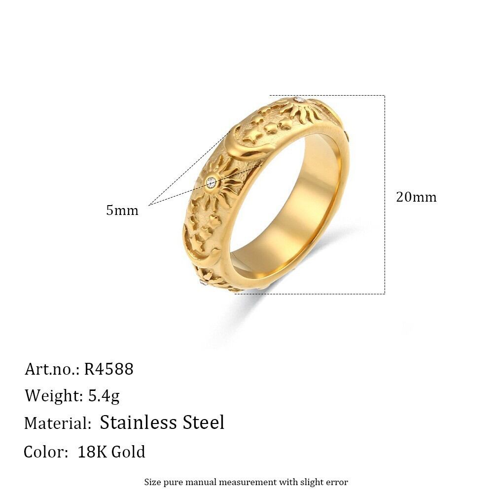 Classic Series Elegant Sun Moon Stainless Steel Waterproof   Gold Color  Statement Rings h5 