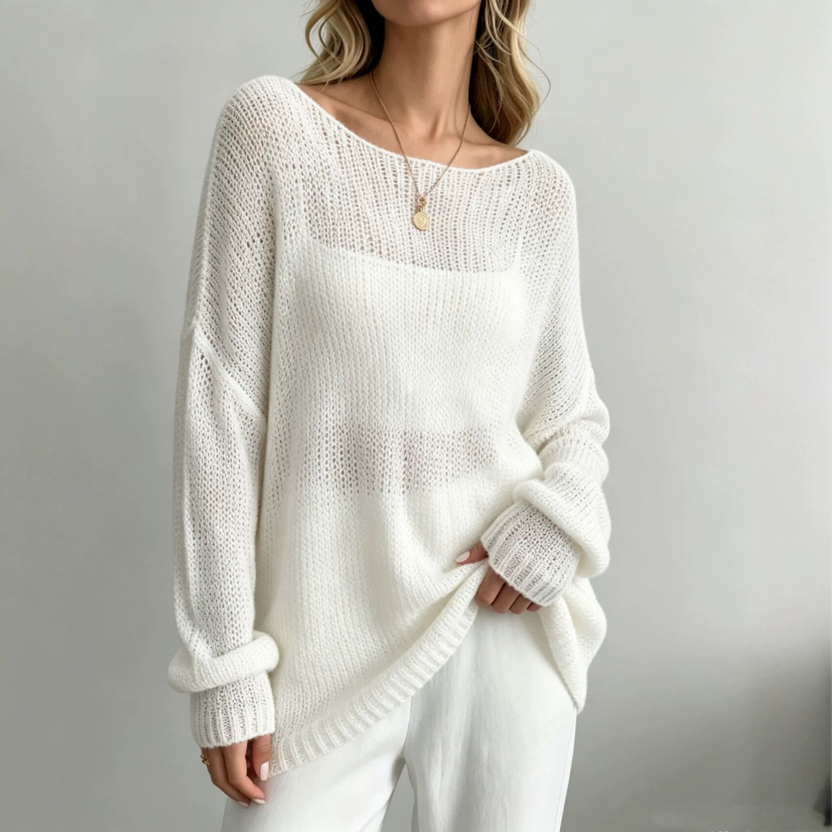 Lässiger, Einfarbiger, Transparenter, Locker Sitzender Strickpullover Aus Acryl h5 Bild2