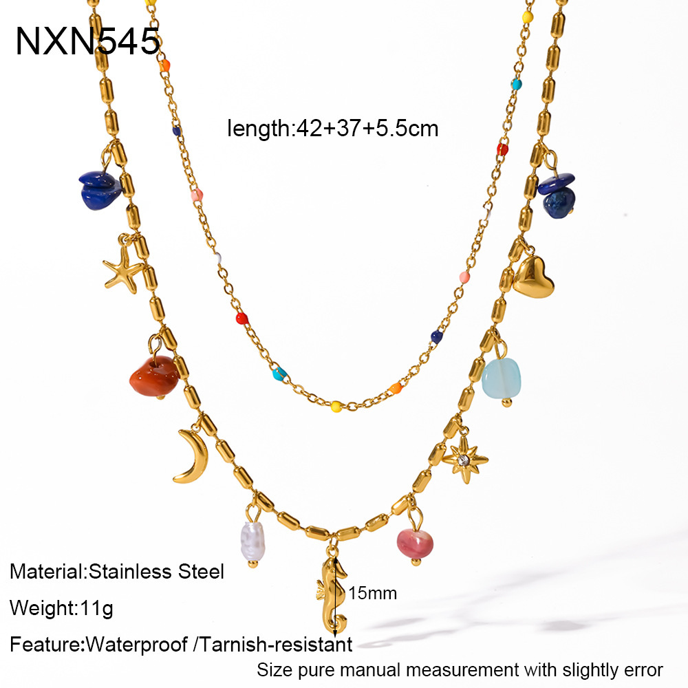 Romantic Series Daily Moon Starfish Stainless Steel Waterproof   Gold Color  Unisex Pendant Necklaces 
