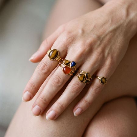 Stainless Steel Waterproof Gold Color Natural Stone Women's Gemstone Rings
