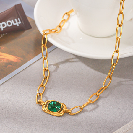 Simple Series Daily Chain Rectangle Stainless Steel Waterproof   Gold Color  Zircon Women's Pendant Necklaces 2