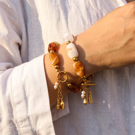 Classic  Elegant  Beads Gradient Color Stainless Steel Waterproof   Gold Color  Natural Stone Women's Beaded Bracelets