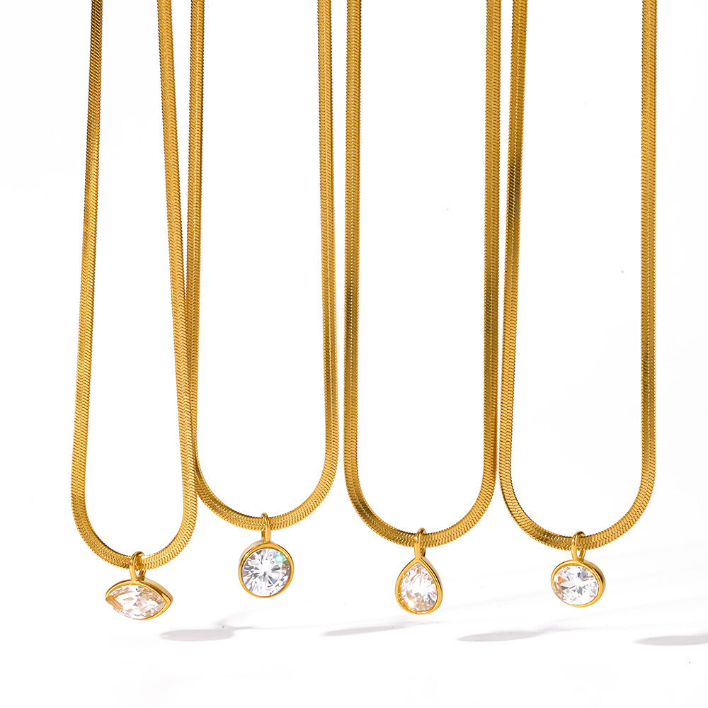 Droplet Ellipse Shape Stainless Steel Waterproof Gold Color Zircon Women's Pendant Necklaces h5Picture4