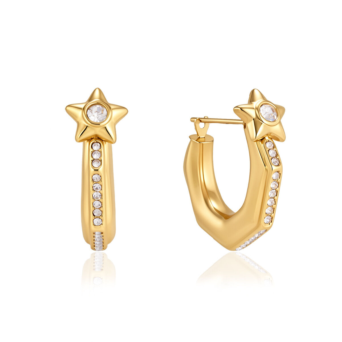 Eenvoudige, Geometrische Stervormige, Waterdichte, Roestvrijstalen Oorringen Met Goudkleurige Strass-Steentjes Voor Dames. Afbeelding5