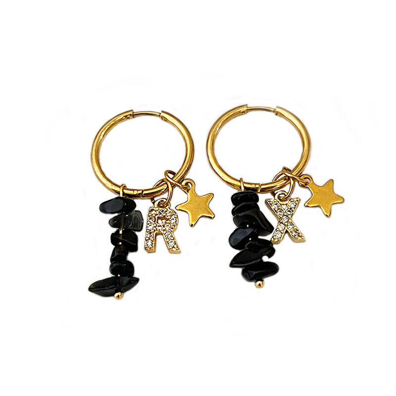 Boucles D'Oreilles Créoles Élégantes Pour Femme, Collection Romantique, Avec Perles En Forme D'Étoile Et Lettres, En Acier Inoxydable Étanche, Couleur Or Et Pierre Naturelle. Image4